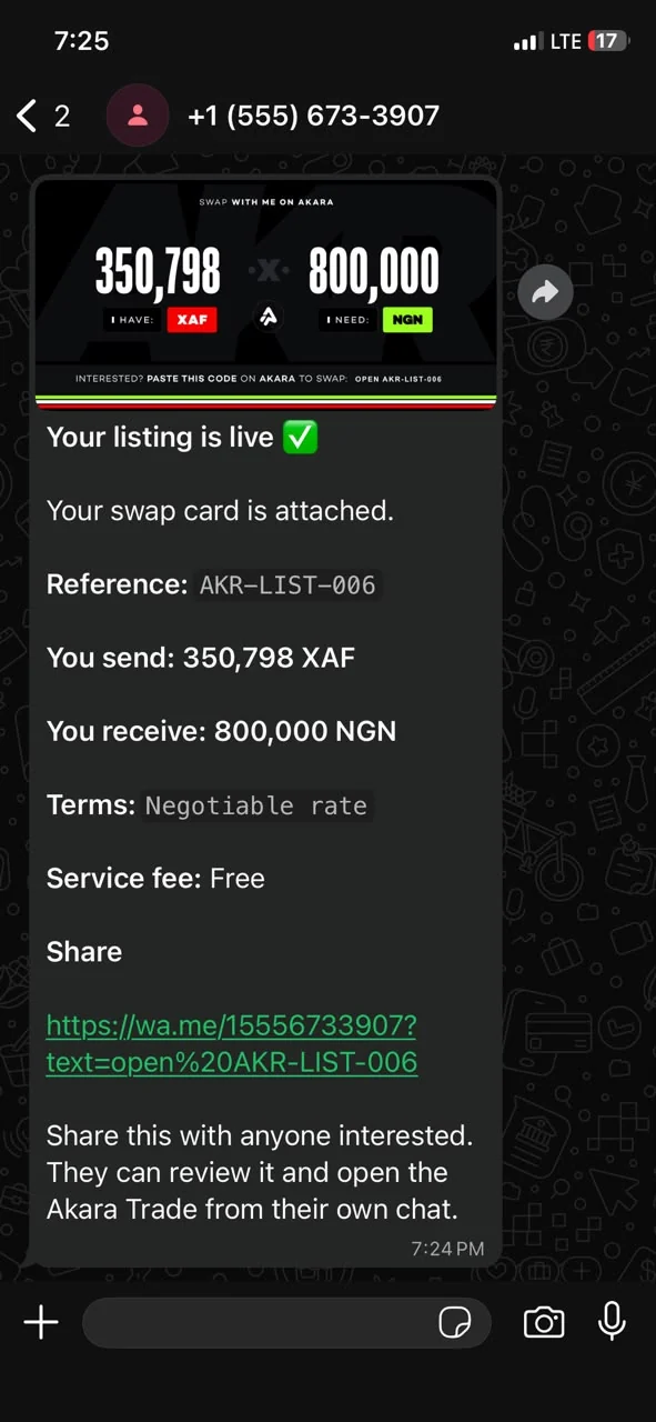 Akara listing live inside a WhatsApp chat