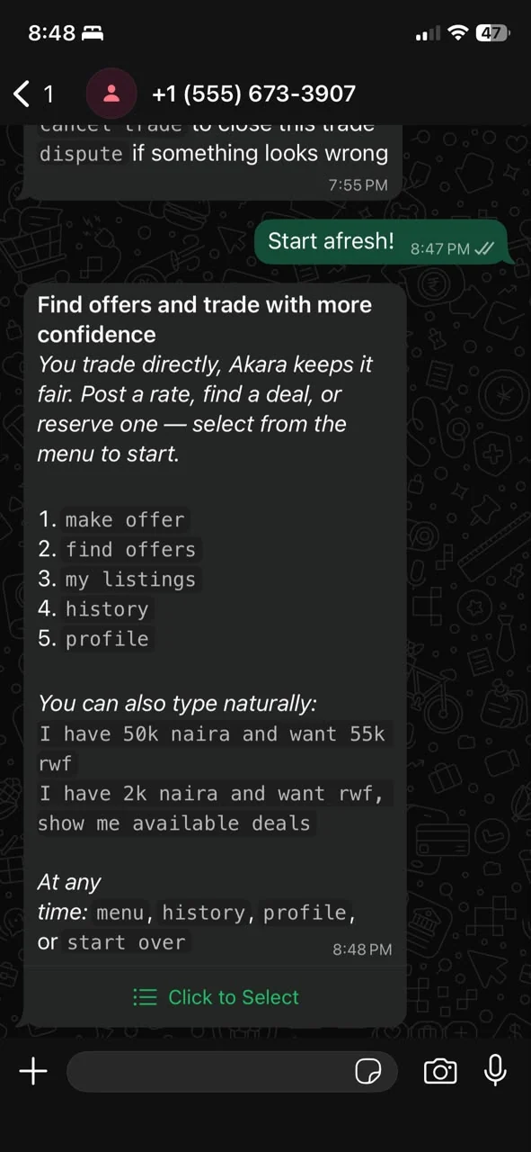 Akara menu and chat inside WhatsApp